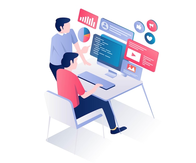 Isometric flat illustration concept the team is discussing the layout of the programming language