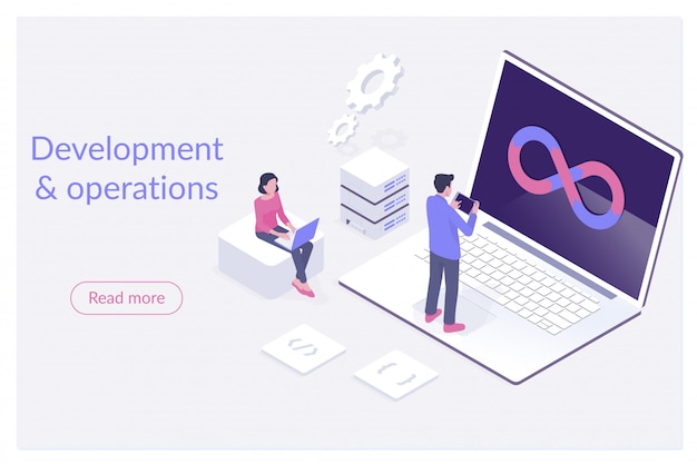 isometric flat landing page template of devops