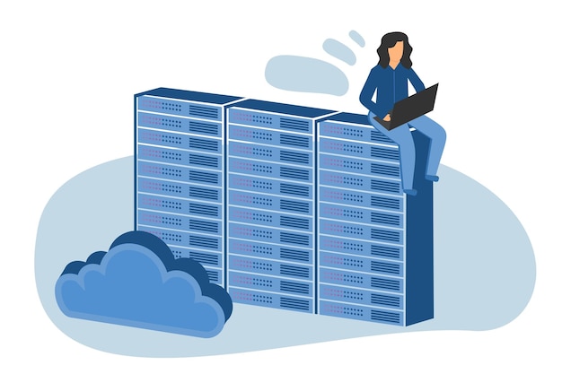 isometric girl with laptop, network solutions, server, cloud storage, industrial information