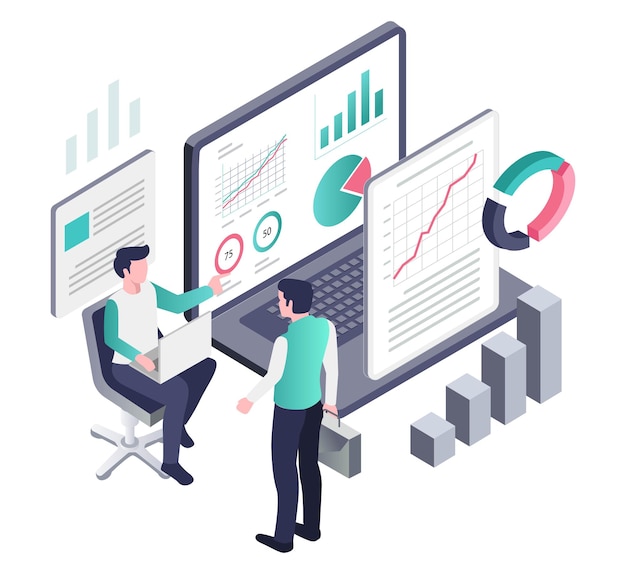 isometric illustration concept of two men working together on business