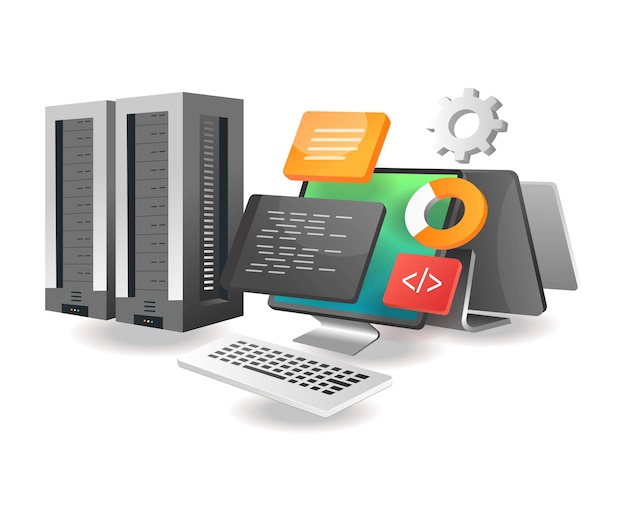 Isometric illustration concept Server data security with programming language code