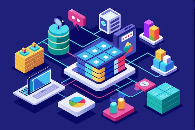 Isometric illustration showing data processing network connections and various data visualizations Data processing Customizable Isometric Illustration