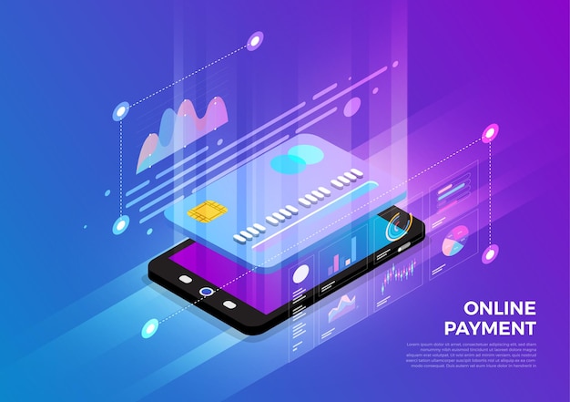 Isometric illustrations design concept mobile technology solution on top with online payment