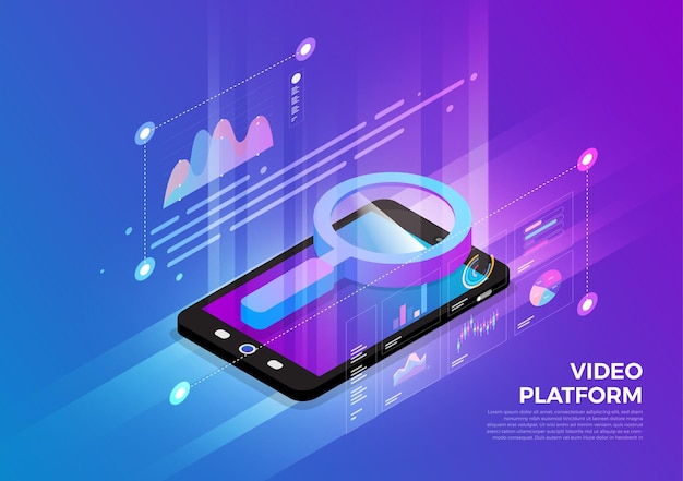 Isometric illustrations design concept mobile technology solution on top with search engine