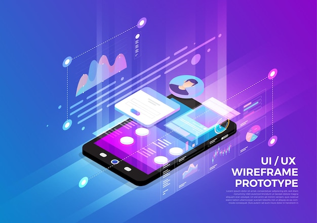Isometric illustrations design concept mobile technology solution on top with UX/UI wireframe prototype