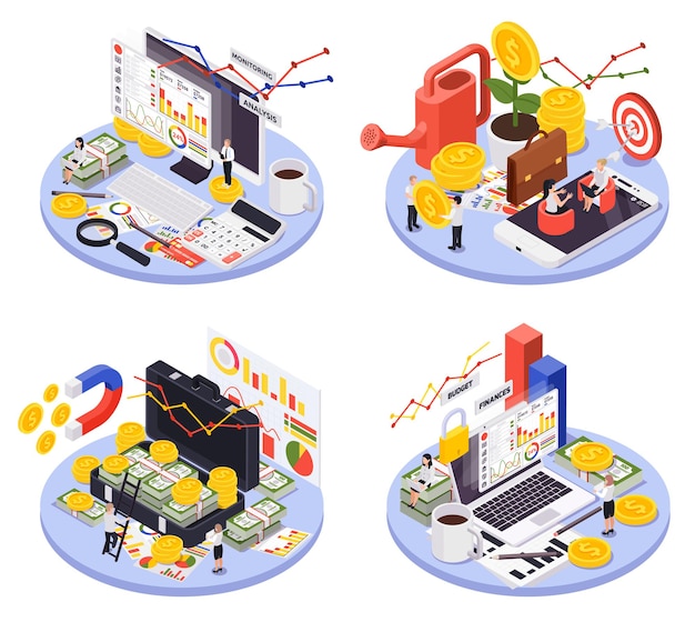 Isometric isolated and round wealth management icon set with different ways of making money