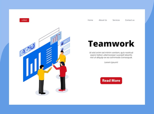 Isometric landing page of teamwork
