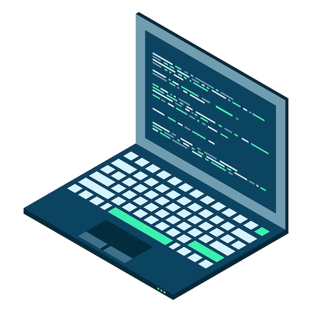 Isometric Laptop 3d isometric laptop computer Abstract programming language and program code on a laptop screen Vector illustration