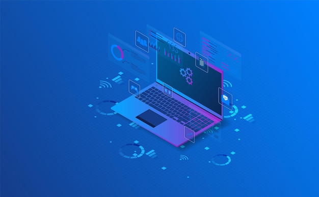 Isometric laptop analysis information futuristic concept illustration