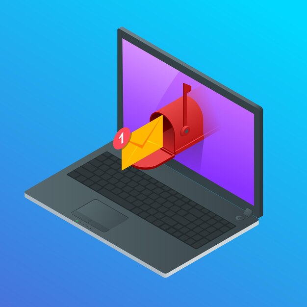Isometric Letter and mailbox flying out of laptop screen concept. Vector illustration. Mail Communication or Connection message to mailing contacts phone. Global Letters Concept.