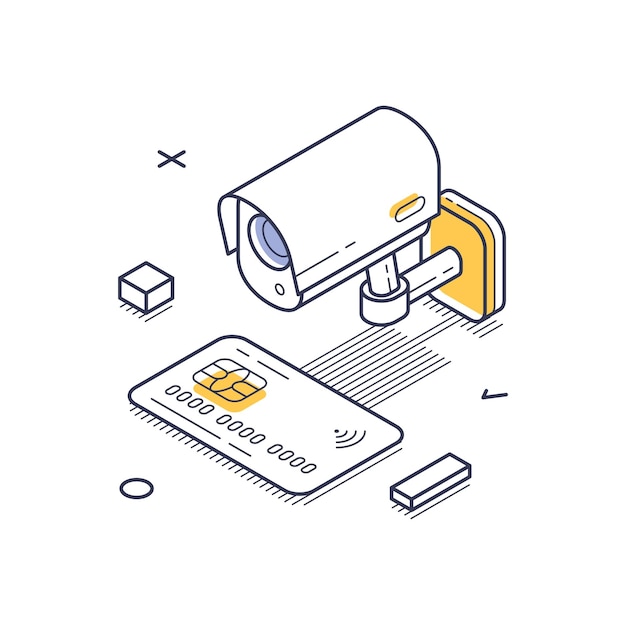 isometric line art icon representing internet security with surveillance and payment card elements