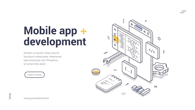 isometric line art mobile app development web banner