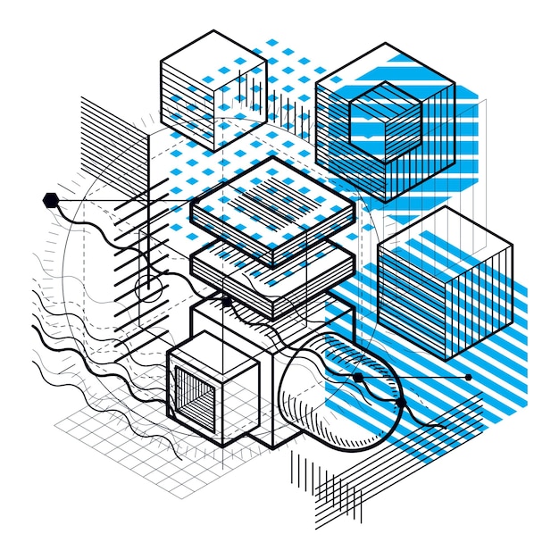 Isometric linear abstract vector background, lined abstraction. Cubes, hexagons, squares, rectangles and different abstract elements.