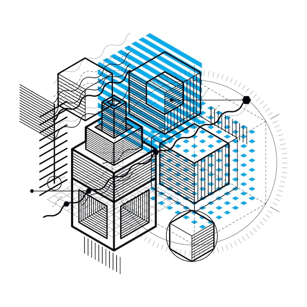 Isometric linear abstract vector background, lined abstraction. Cubes, hexagons, squares, rectangles and different abstract elements.