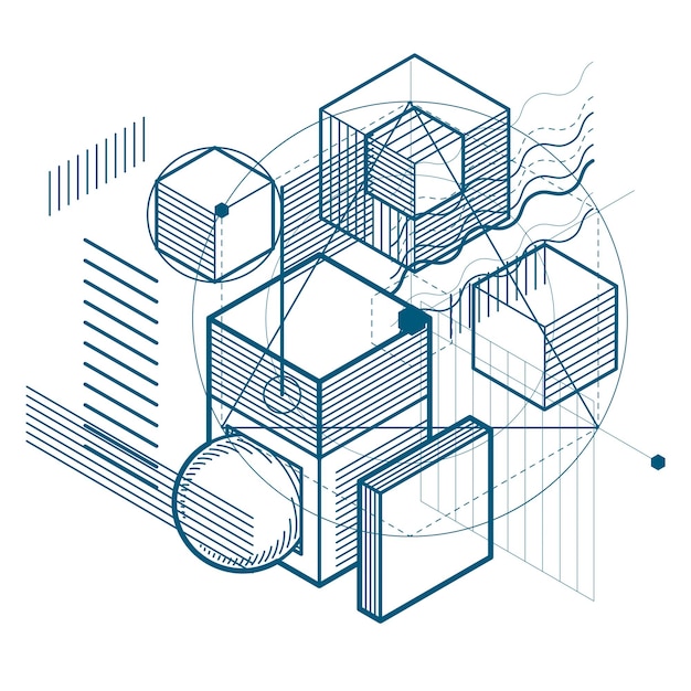 Isometric linear abstract vector background, lined abstraction. Cubes, hexagons, squares, rectangles and different abstract elements.