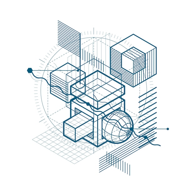 Isometric linear abstract vector background, lined abstraction. Cubes, hexagons, squares, rectangles and different abstract elements.