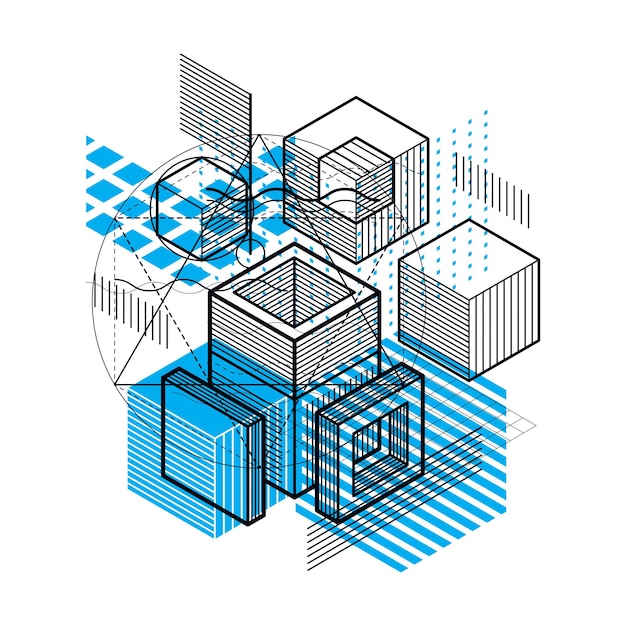 Isometric linear abstract vector background, lined abstraction. Cubes, hexagons, squares, rectangles and different abstract elements.
