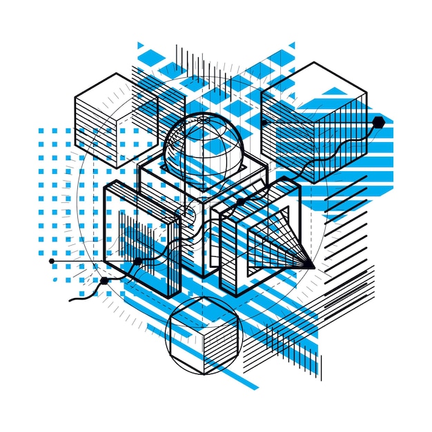Isometric linear abstract vector background, lined abstraction. Cubes, hexagons, squares, rectangles and different abstract elements.