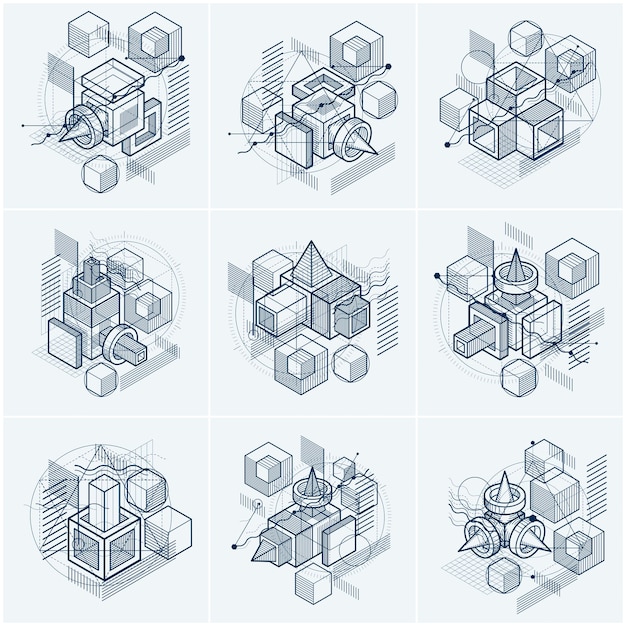 Isometric linear abstract vector backgrounds, lined abstractions. Cubes, hexagons, squares, rectangles and different abstract elements. Vector set.