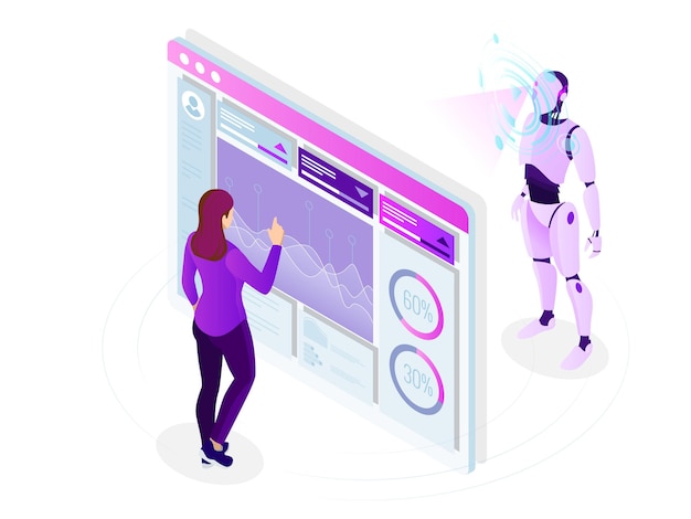 Isometric Maintenance engineer working with digital display. Robot programming concept. Artificial intelligence horizontal banner. Vector illustration