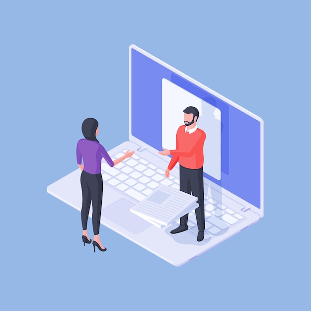 isometric male expert with pile of documents consulting female employee using laptop and doing project remotely isolated on blue background