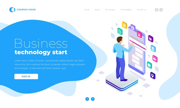 isometric man using smartphone, touchscreen. project manager researching process. innovation graphs interface. landing page template.