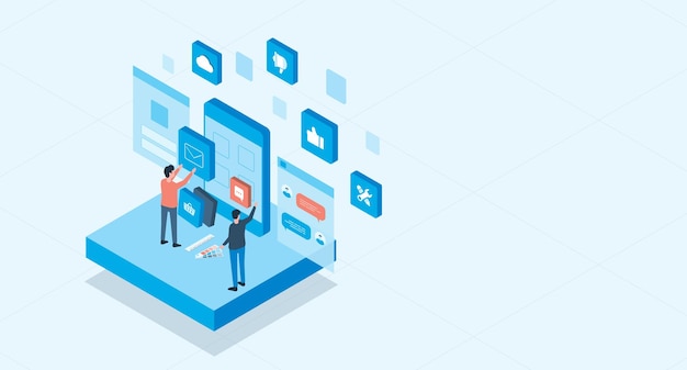 isometric mobile application and web design development process concept and group business team work