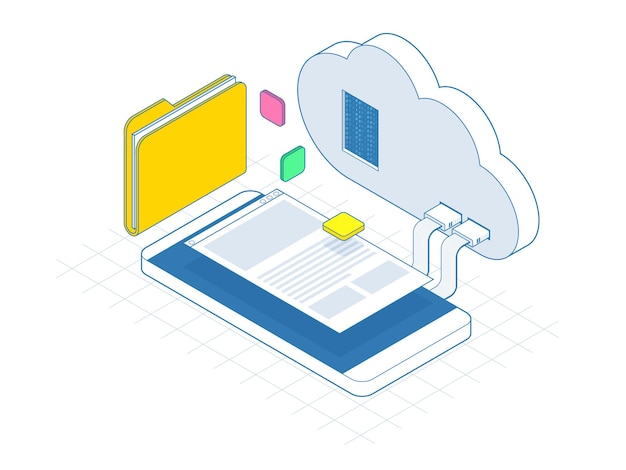 Isometric mobile cloud, cloud storage or data transfers on Internet concept. Enterprise Resource Planning app on smartphone screen connecting data with cloud computing. Line vector illustration.