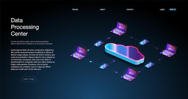 Isometric modern web cloud technology and networking concept.  Cloud computing, big data. The concept of a data processing center, a cloud database, a server power plant of future.