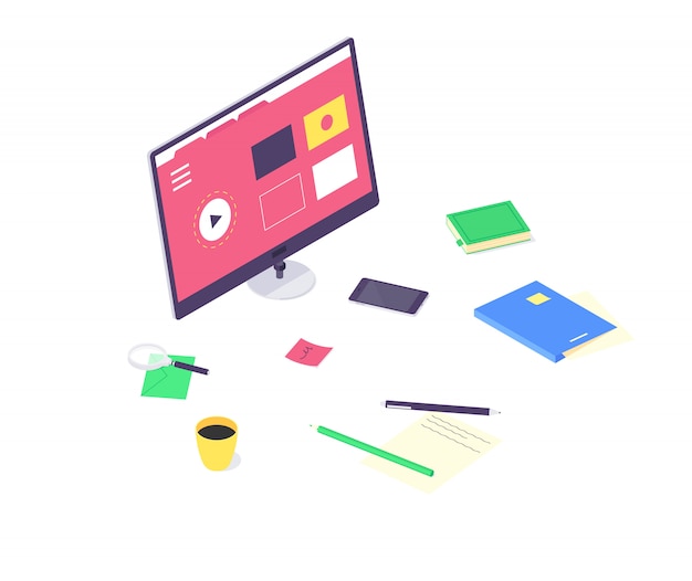 Isometric online education study and technology training computer learn and book library flat design  illustration.  educations studying and teaching concept isolated on white background