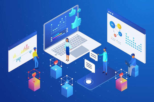 isometric people analyzing and using data from social media
