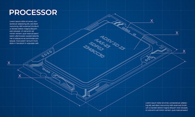 Isometric processor blueprint Central processing unit or CPU Computer hardware components Semiconductor technology concept Vector illustration