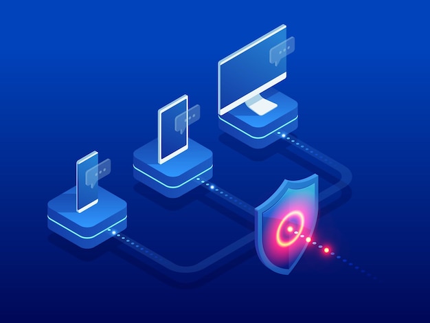Isometric Protection network security and safe your data concept Web page design templates Cybersecurity Digital crime by an anonymous hacker Vector illustration