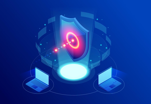 Isometric Protection network security and safe your data concept Web page design templates Cybersecurity Digital crime by an anonymous hacker Vector illustration