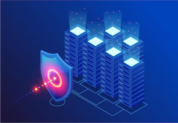 Isometric Protection network security and safe your data concept Web page design templates Cybersecurity Digital crime by an anonymous hacker Vector illustration