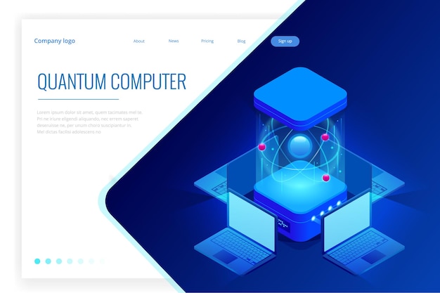 Isometric Quantum computing or Supercomputing. A quantum computer is a device that performs quantum computing. Vector illustration.