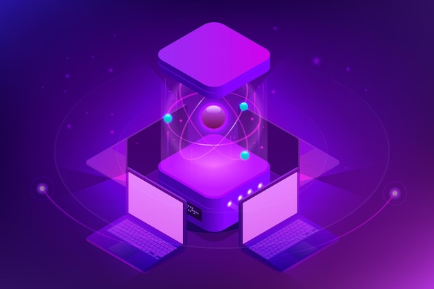 isometric quantum computing or supercomputing. a quantum computer is a device that performs quantum computing. vector illustration.
