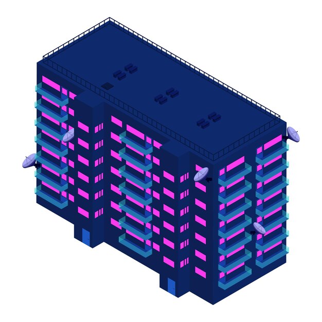 isometric residential building with two entrances, balconies and satellite dishes isolated on white. modern palette. vector eps10.