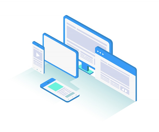 Isometric responsive laptop, tablet, and phone device object illustration