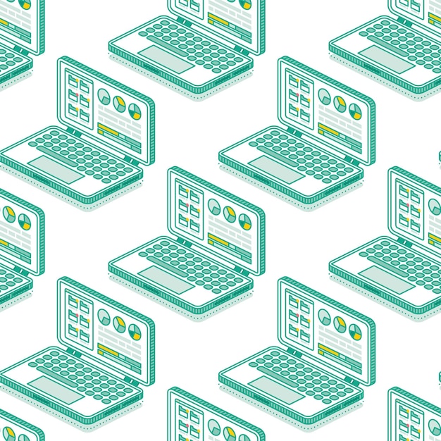 Isometric seamless pattern with row of laptops Objects isolated on white background