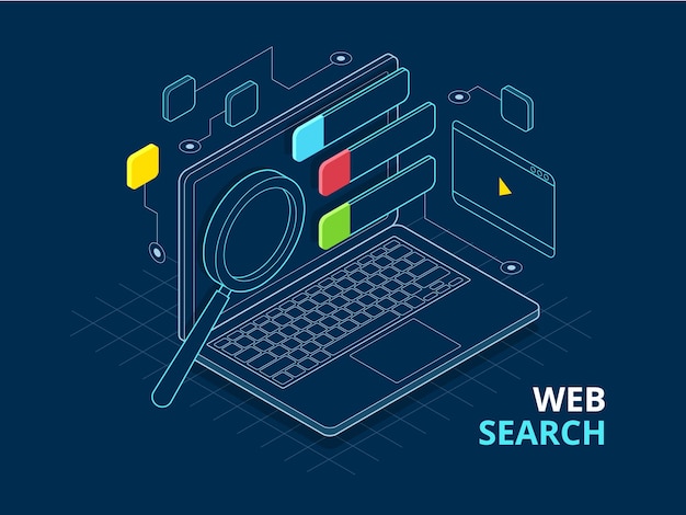 Isometric search engine result page flat vector. Page showing search results of a query, web search flat concept. Smart and simple web interface with different apps