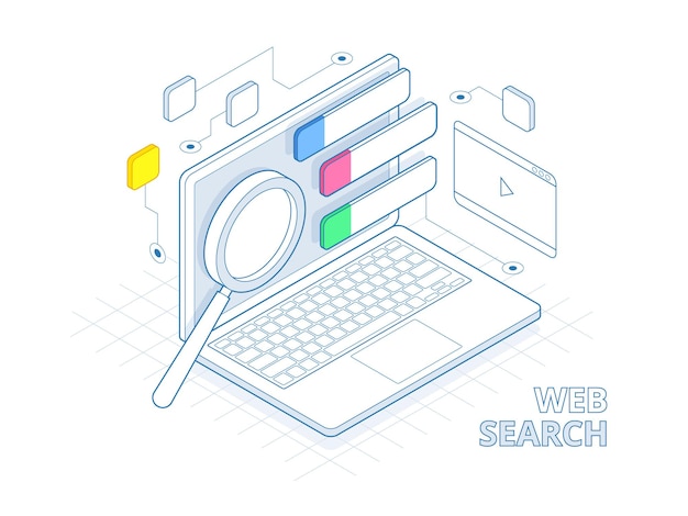 Isometric search engine result page flat vector. Page showing search results of a query, web search flat concept. Smart and simple web interface with different apps