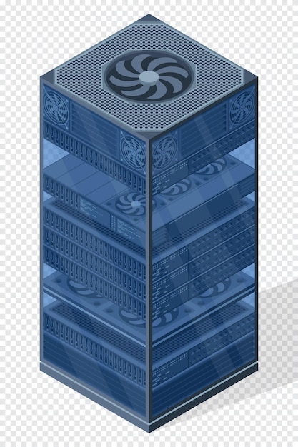 Isometric server Server racks Server boxes isolated Network server room Computer network technology Vector illustration