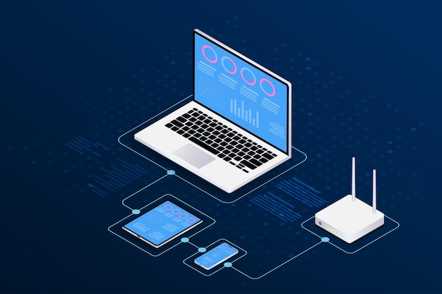Isometric server storage financial technology Laptop tablet mobile router wifi and server isometric