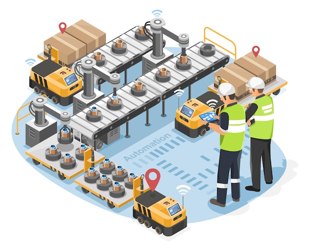 Isometric Smart Factory Automation with Engineers Monitoring AGV Robots and Conveyor System Isolated