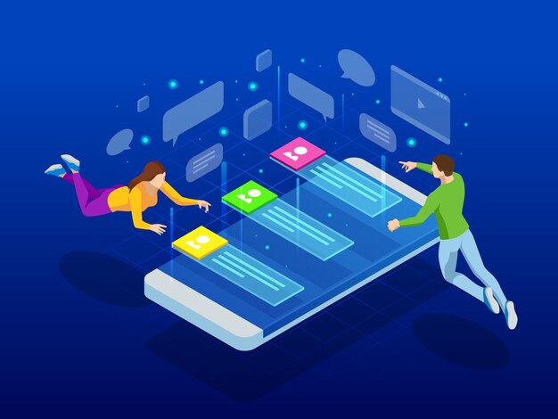 Isometric Social media network. People connecting all over the world. People leaving comments and likes for posts. Vector illustration.