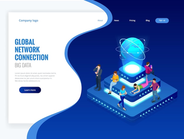 isometric social network, technology, networking and internet concept. global network connection, global datas exchanges over the globe, big data. vector illustration.