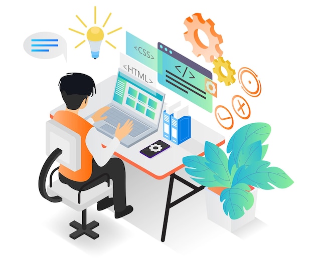 Isometric style illustration about a web programmer working with his computer