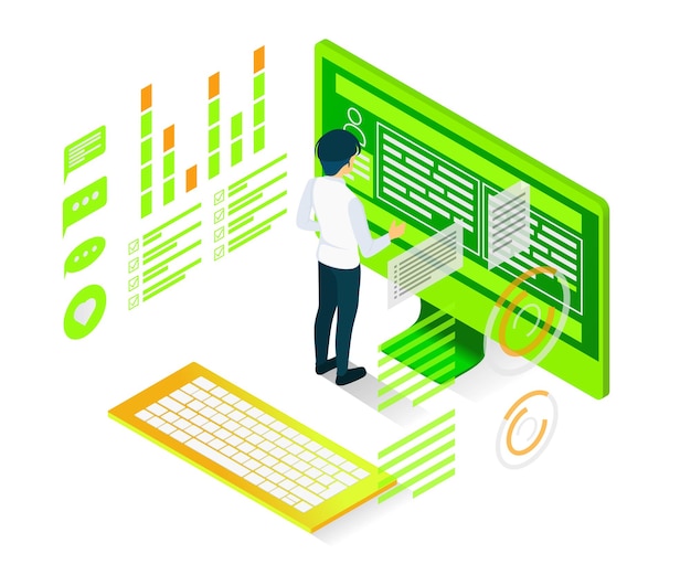 Isometric style illustration of programmer coding analysis with computer and characters