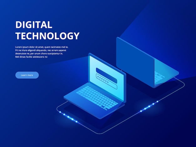 isometric tech devices connected, big data processing, energy station of future, server room rack, data center concept vector illustration. global network and data exchanges.